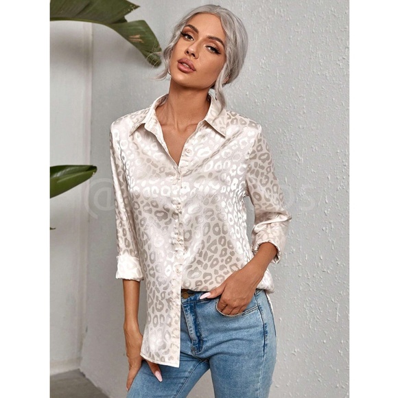 Leopard Print Satin Cream Button Down Long Sleeve Shirt - Picture 2 of 7